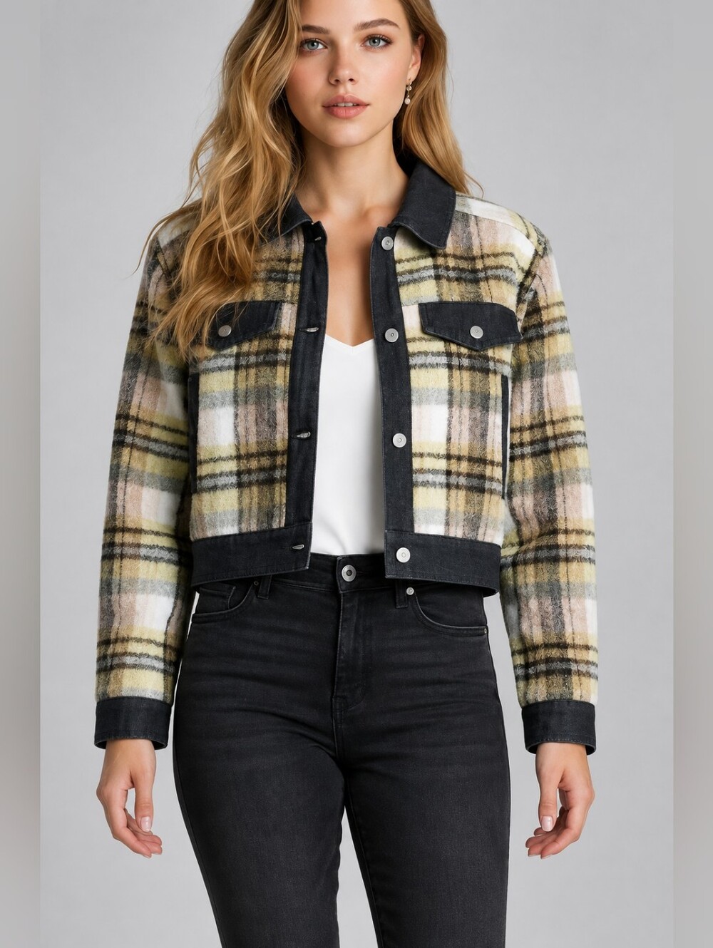 7 For All Mankind Tweed Jacket Women Medium Brown Yellow Tartan Plaid Cropped